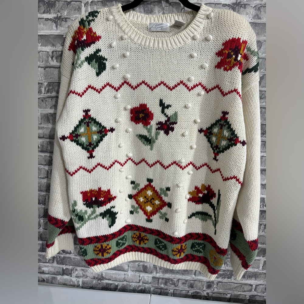Vintage Knit Sweater Floral Lauren Grey Size‎ Large Cabin Core Grandma Cream